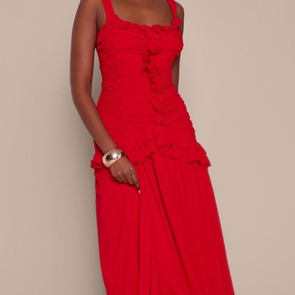 PrettyLittleThing Red Ruffle Detail Maxi Dress